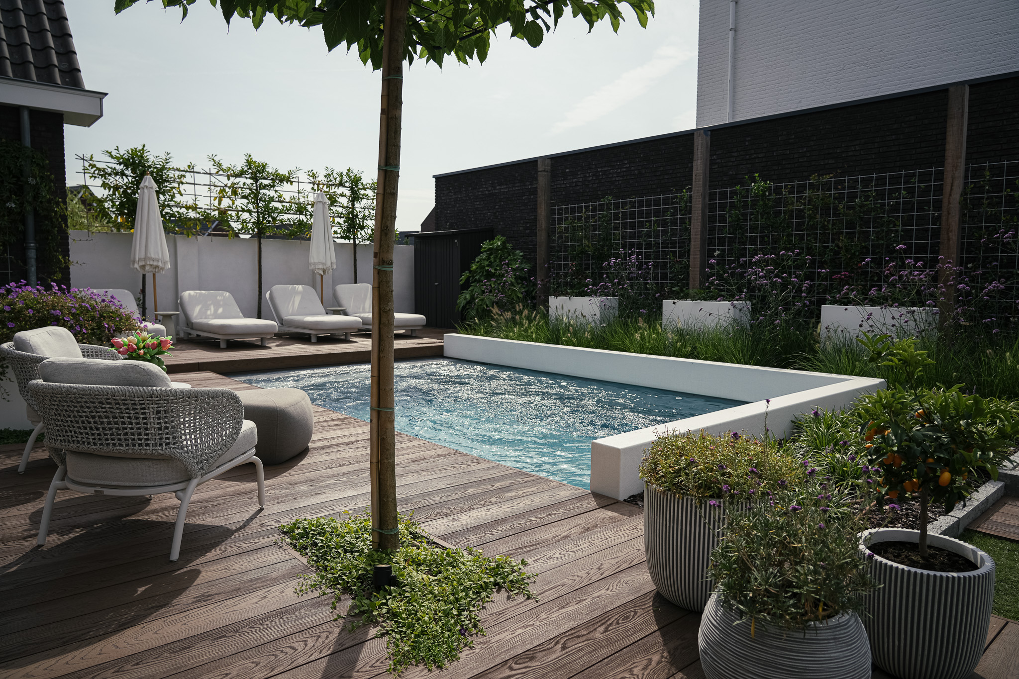 Terras met zitkuil, zwembad en beplanting bij een stadstuin
